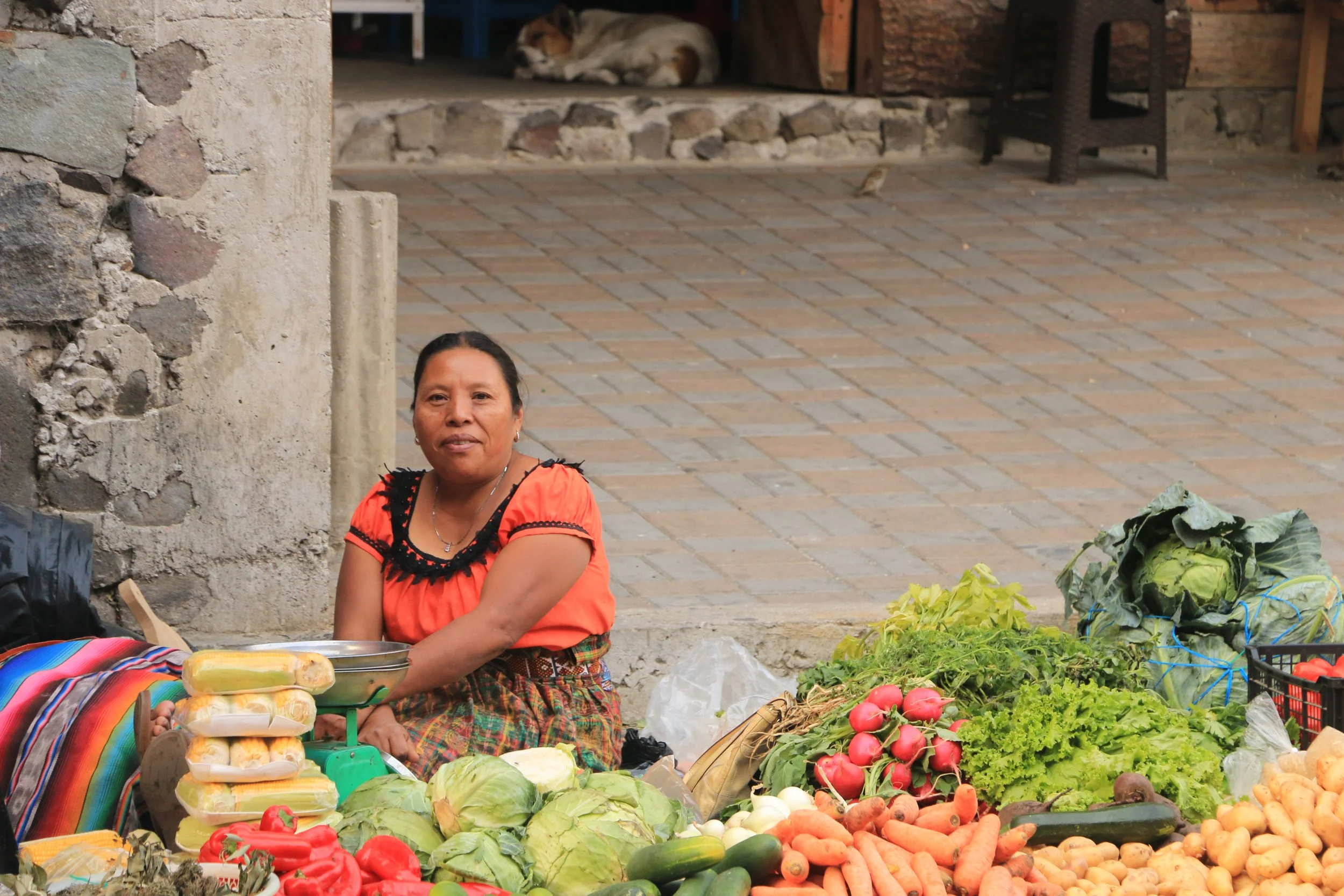 A woman selling vegetables at a market stall with a dog resting in the background.