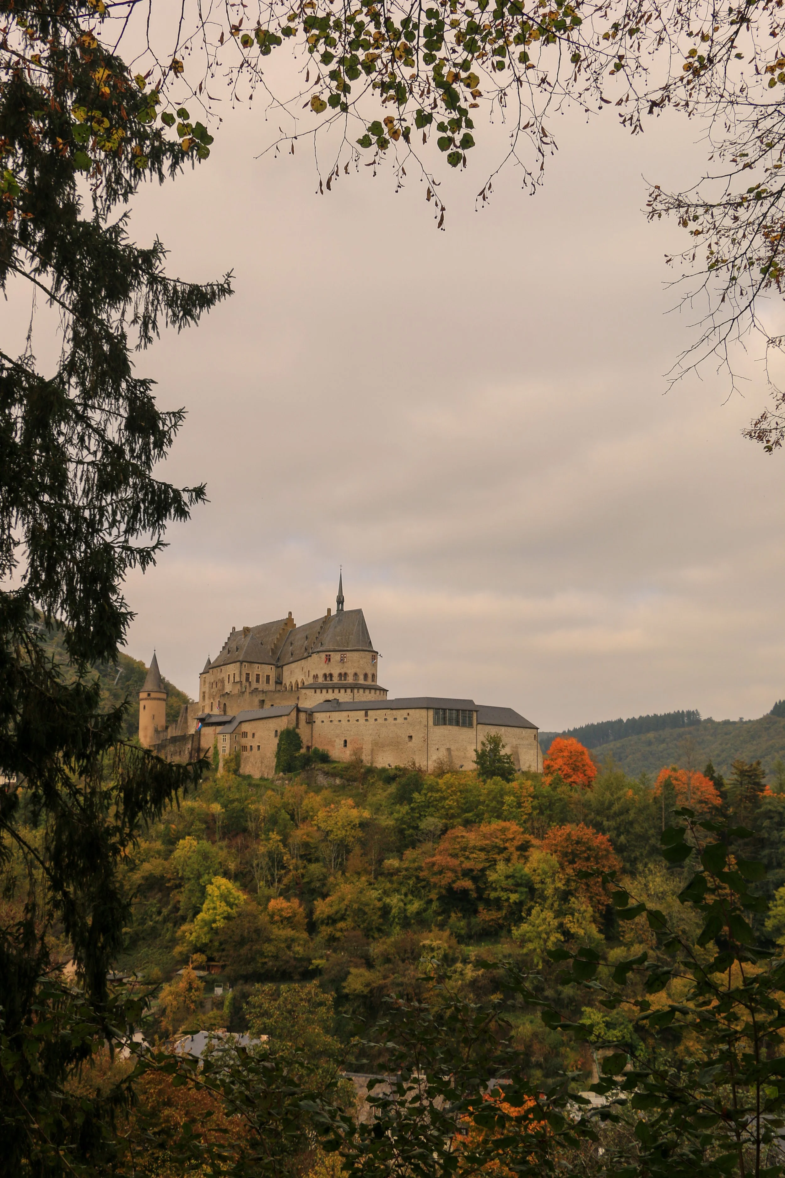 A castle on a hilltop surrounded by fall foliage with trees in the foreground and mountains in the background.