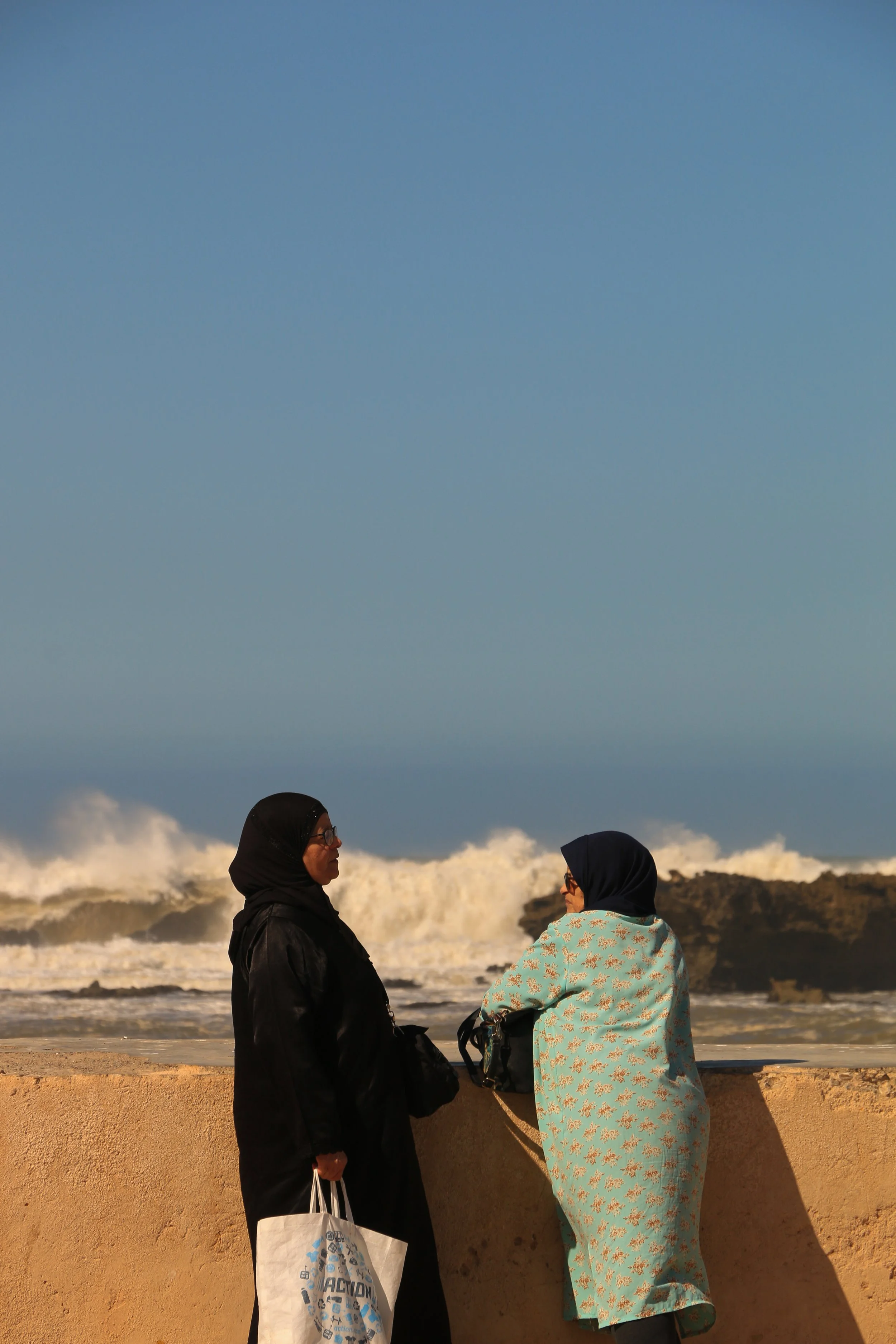 Two women wearing hijabs and glasses engaged in conversation by the seaside, with waves crashing in the background under a clear blue sky.