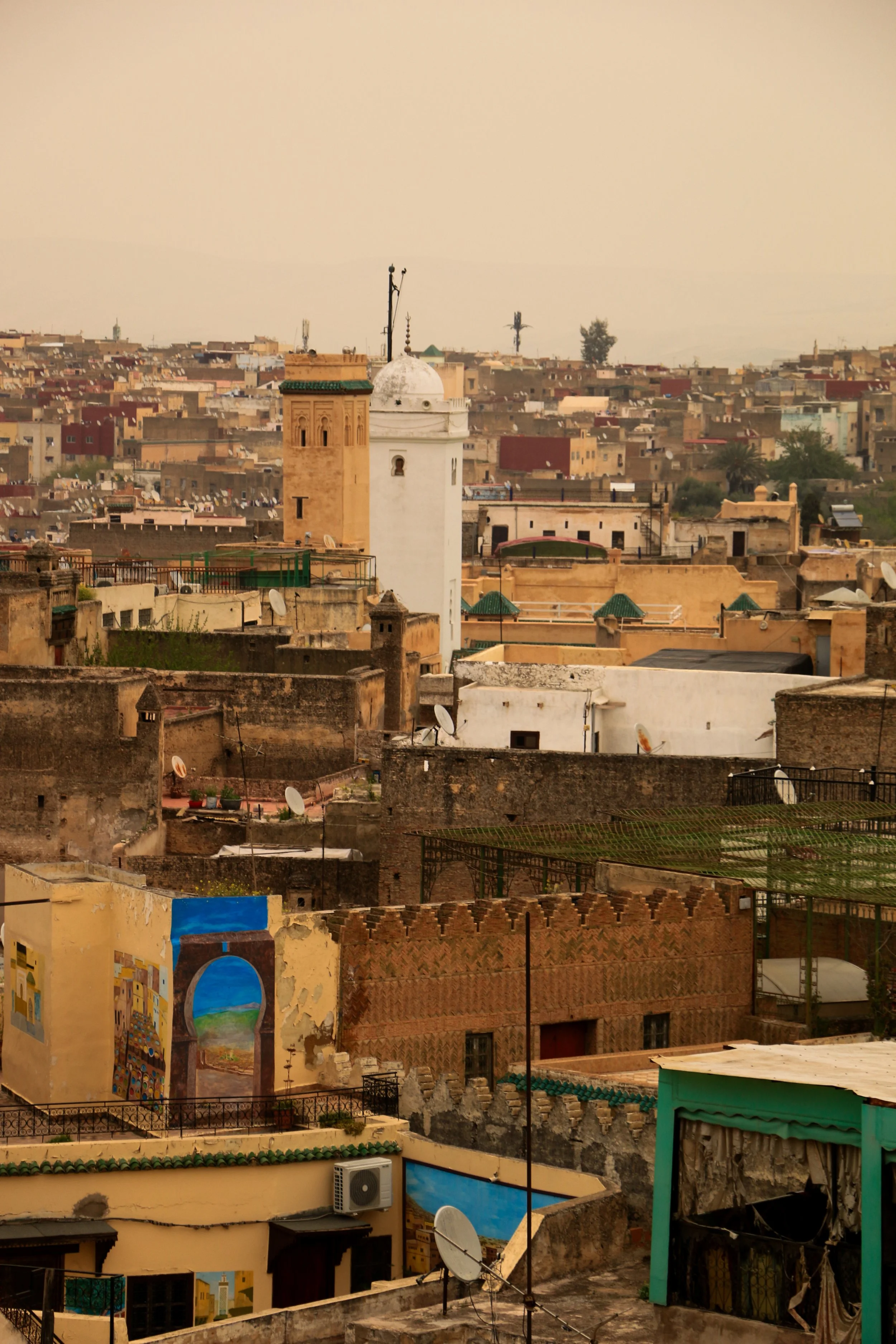 Cityscape of a middle-eastern city with a mix of traditional and modern buildings, featuring a white minaret, satellite dishes, and colorful murals.