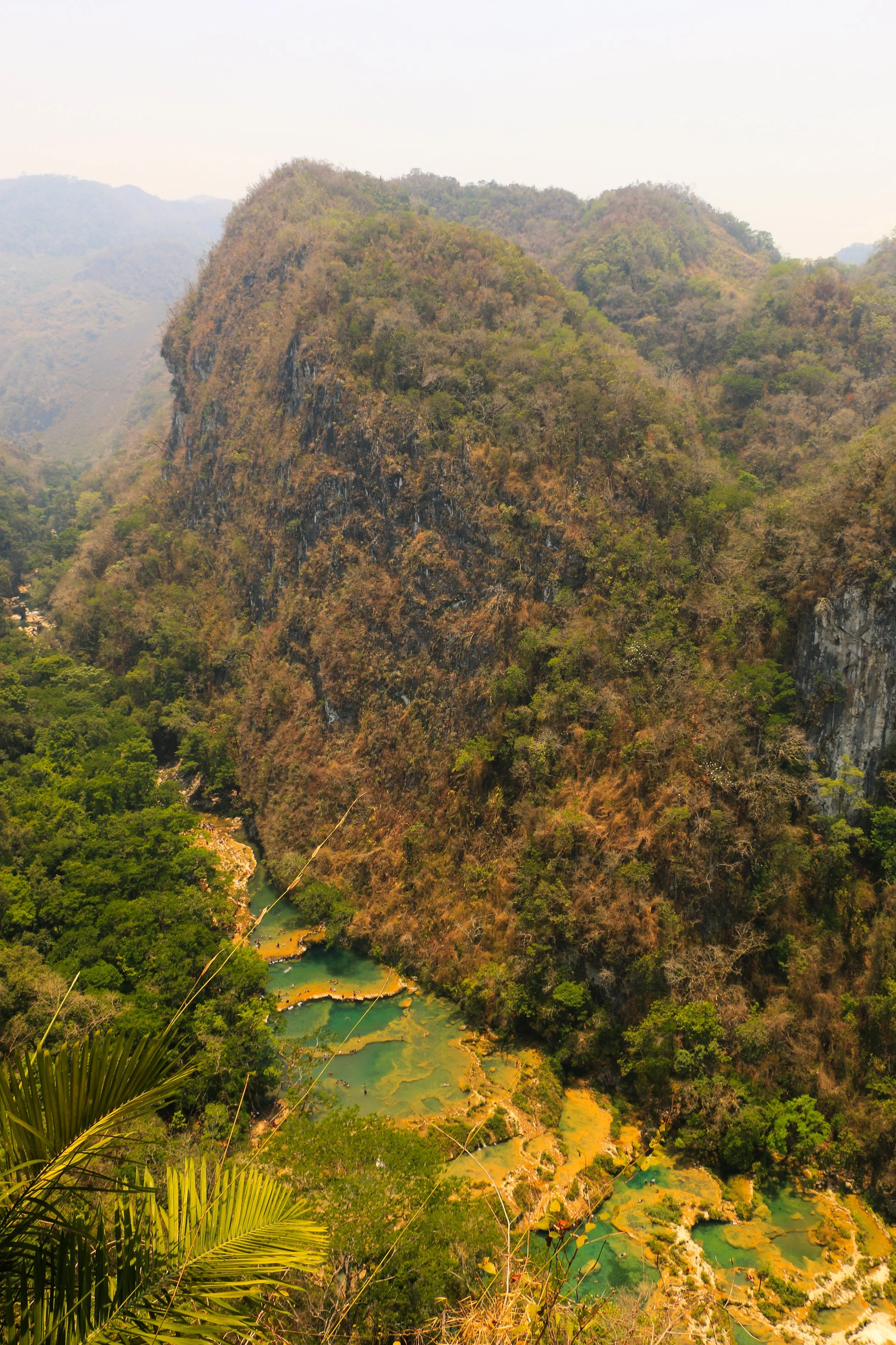 A tall, rugged mountain with trees, overlooking a series of small, green, terraced pools and a river at the bottom, surrounded by lush vegetation.