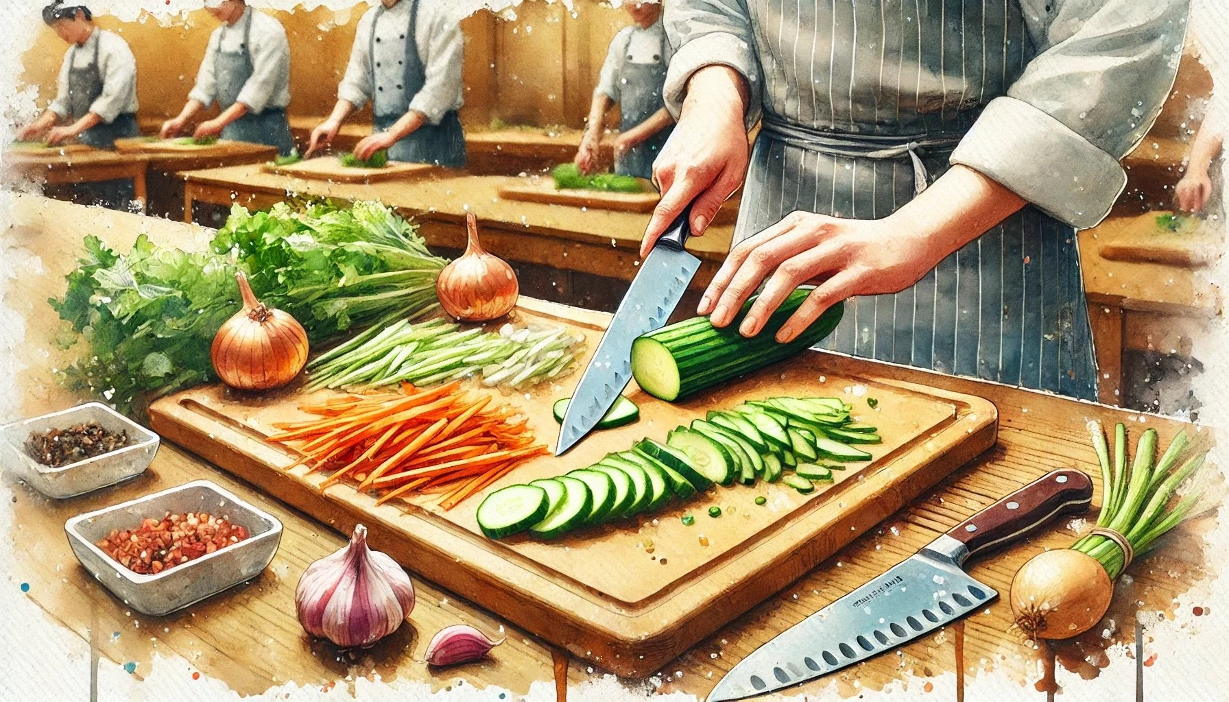Chef slicing cucumbers on a cutting board with various vegetables and herbs around, in a kitchen setting with other chefs preparing ingredients.