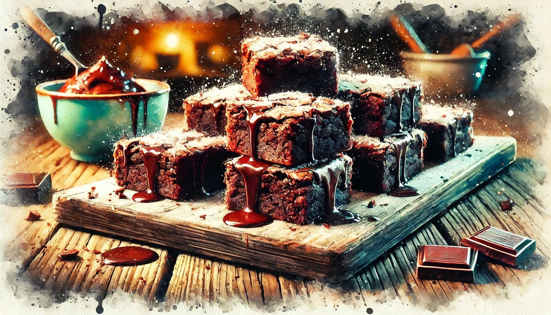 Artistic depiction of chocolate brownies stacked on a wooden board, drizzled with chocolate sauce, with a bowl of chocolate mix and blocks of chocolate nearby.