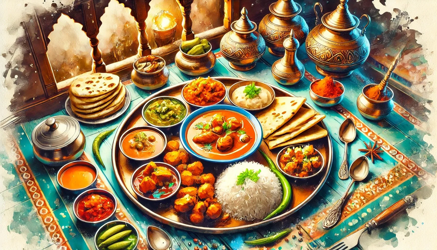 Traditional Indian thali with various dishes including rice, curry, bread, and condiments, arranged on a decorative blue table.