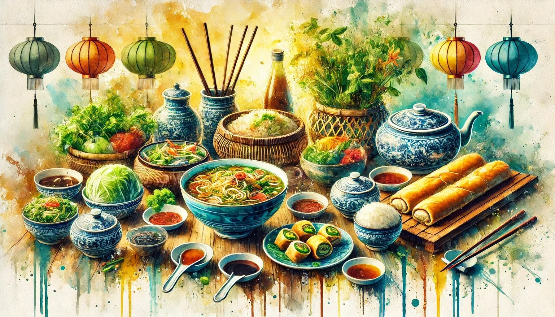 Vibrant Vietnamese feast with spring rolls, noodle soup, fresh herbs, traditional condiments, and decorative lanterns.