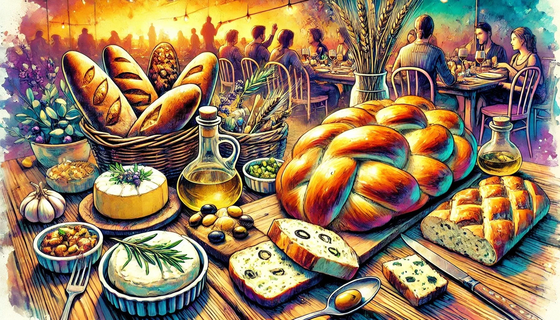 Assorted breads, cheeses, and oils on a wooden table at an evening gathering, with people dining in the background.