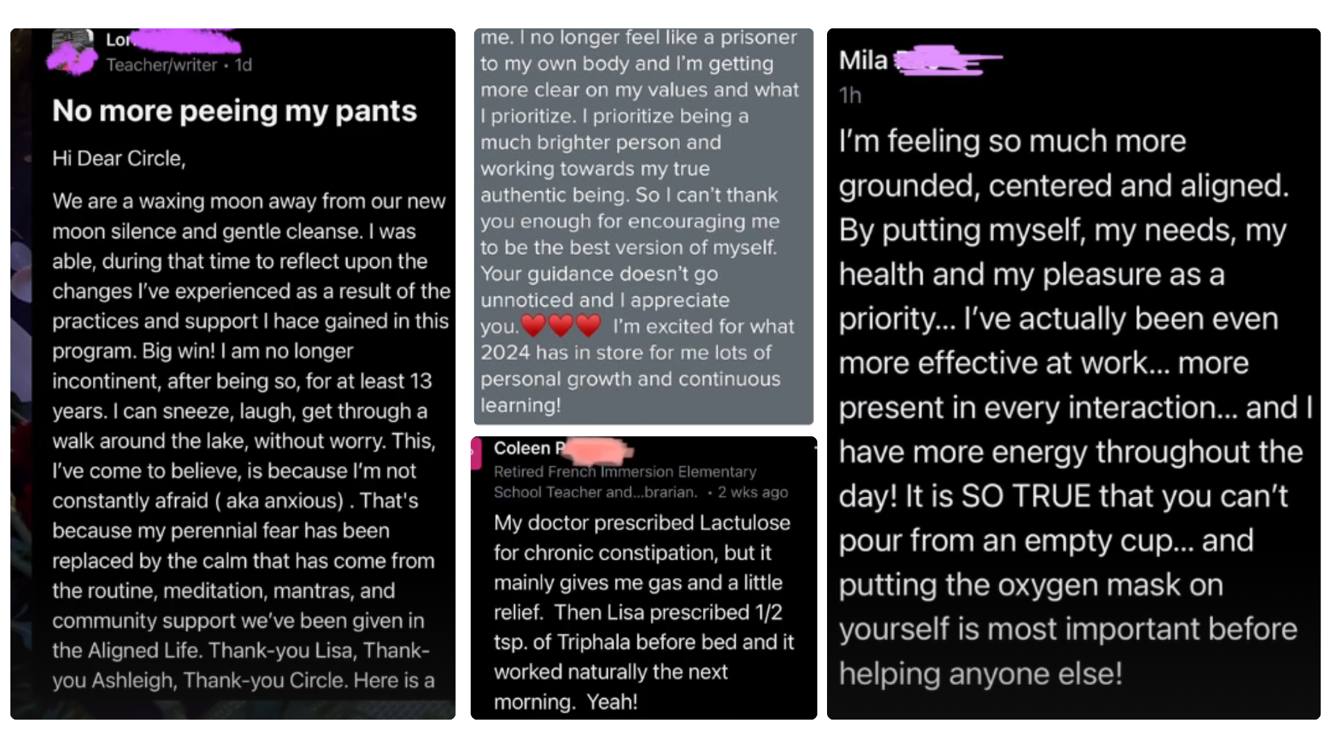 Collage of three social media posts with personal reflections on health, well-being, and personal growth, featuring text and profile names partially obscured for privacy.