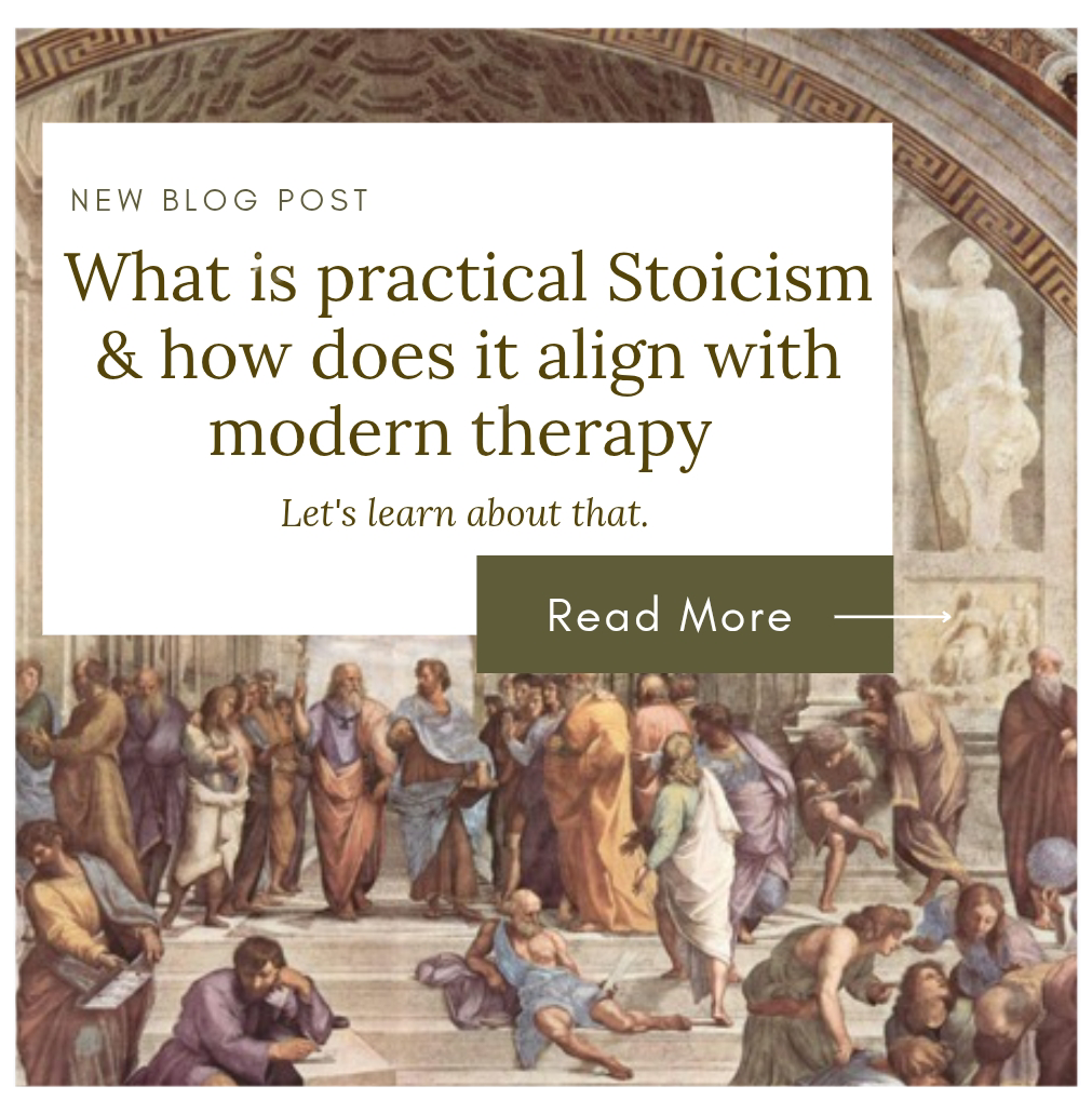 The School of Athens by Raphael - a classical painting symbolizing ancient philosophy- used in a blog post exploring practical Stoicism as a therapuetic tool. Highlights how Stoic principles align with modern CBT techniques to support mental health.