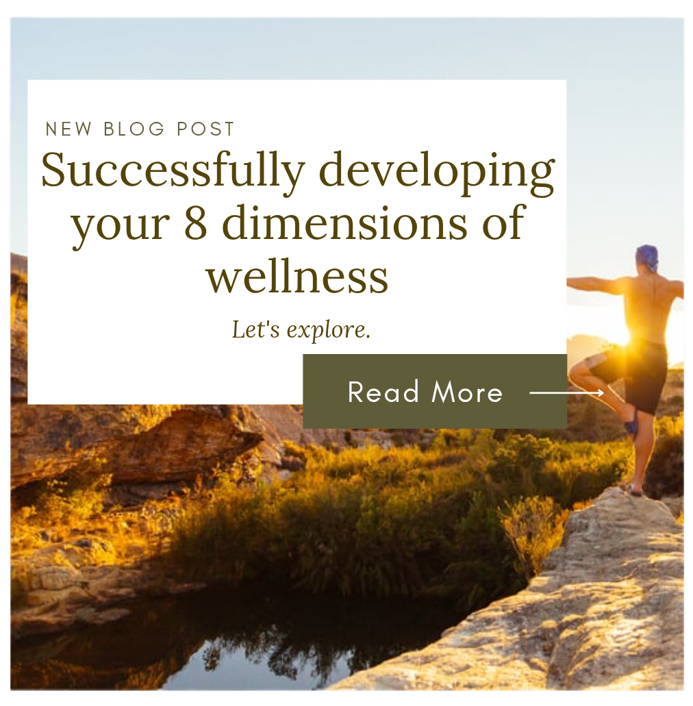 Colorful infographic illustrating the 8 dimensions of wellness—emotional, physical, intellectual, social, spiritual, occupational, environmental, and financial—showing how each area contributes to holistic health and personal growth.