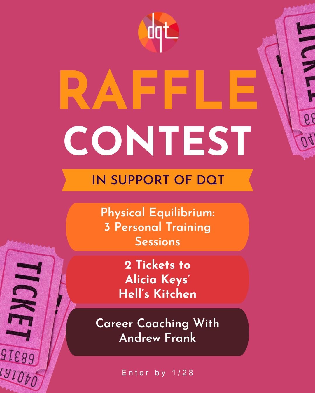 ENTER THE RAFFLE
Get started on your New Year's Resolutions with 3 great prizes that directly support our work:
🏋🏾3 Personal Training Sessions from Physical Equilibrium
🎟2 Tickets to Alicia Keys' hit show, Hell's Kitchen on Broadway
💸Career Coach