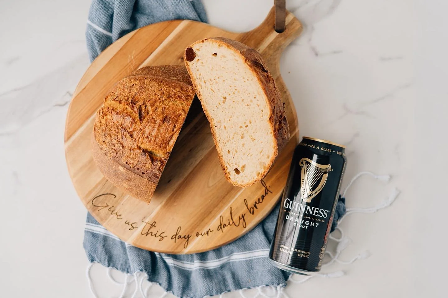 Guinness Sharp Cheddar Sourdough

Made with real Guinness for a deep, malty richness and finished with sharp cheddar folded throughout for bold, savory contrast. The beer adds a smooth, slightly sweet depth, while the cheddar melts into savory pocket
