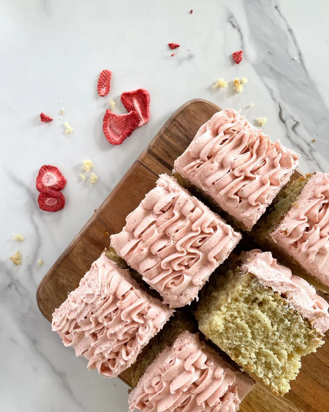 Vanilla Strawberry Cake

A soft, fluffy vanilla cake, topped with an airy buttercream made from real strawberries for fresh, natural flavor.

A simple, thoughtful cake for mom this Mother&rsquo;s Day, whether she shares or keeps it all to herself! 

