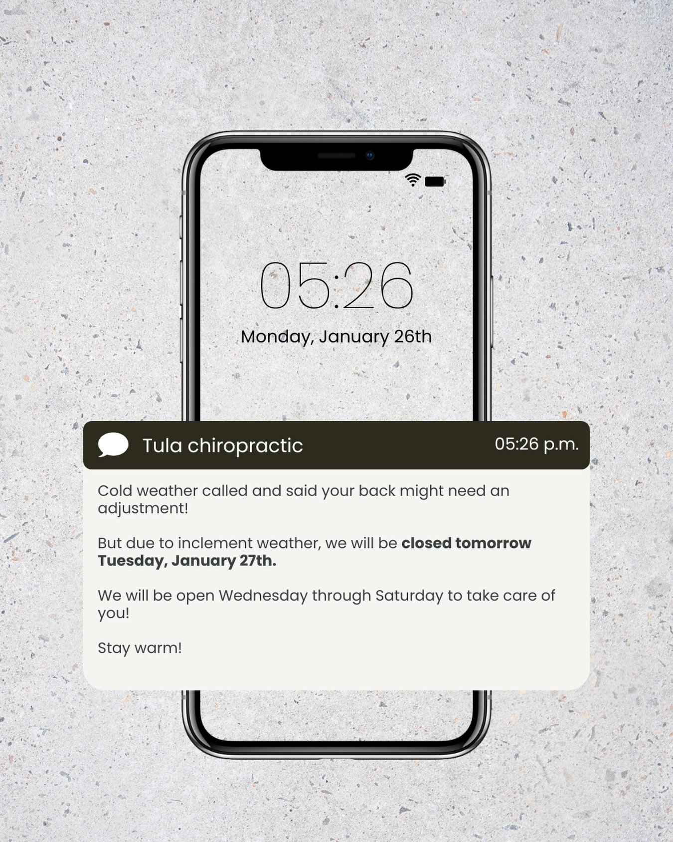 We will be closed tomorrow January 27th due to icy conditions. 🥶

But we know your backs are needing some TLC so we&rsquo;ll be open from Wednesday through Saturday to take care of you!

We will message everyone to reschedule. Thank you for understa
