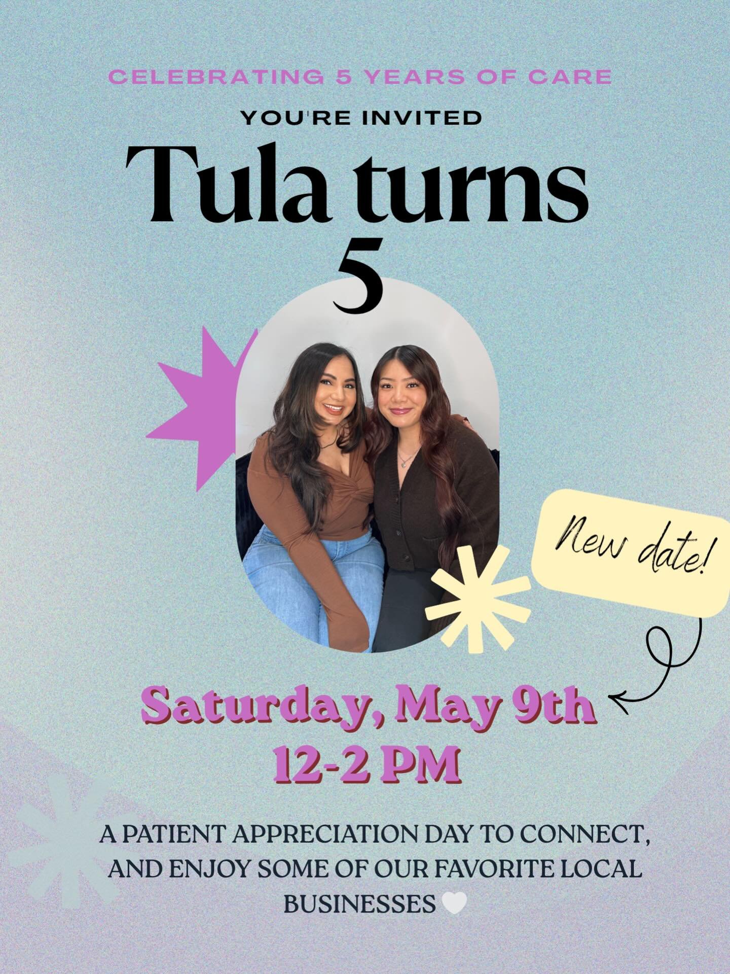 We have something fun coming 👀✨

Tula is turning 5 and we&rsquo;re so excited to celebrate with you on May 9 from 12 to 2 PM 🥳🤍

We shifted the date a little to make it a better fit, and now we cannot wait to make this such a fun afternoon with ou