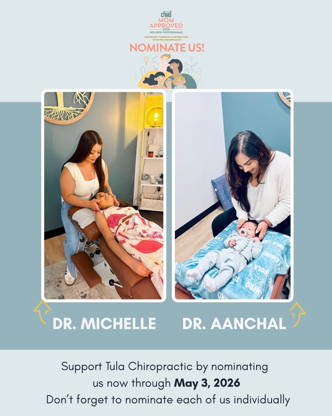 We&rsquo;d be so honored to have your support 🤍

Nominate Tula Chiropractic for Mom Approved 2026!

Don&rsquo;t forget to nominate both Dr. Michelle &amp; Dr. Aanchal individually ✨
Voting is open until May 3, 2026!