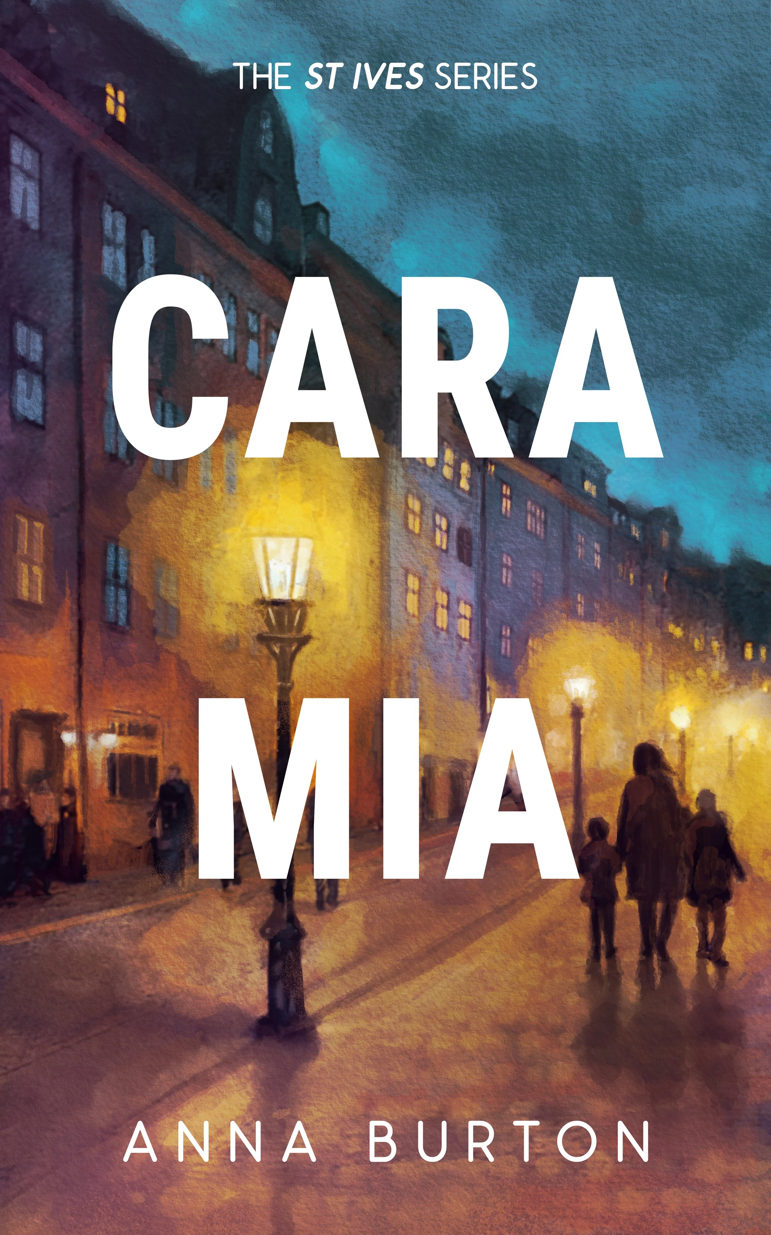 Ebook cover woman walking on the street under street lamps with two kids