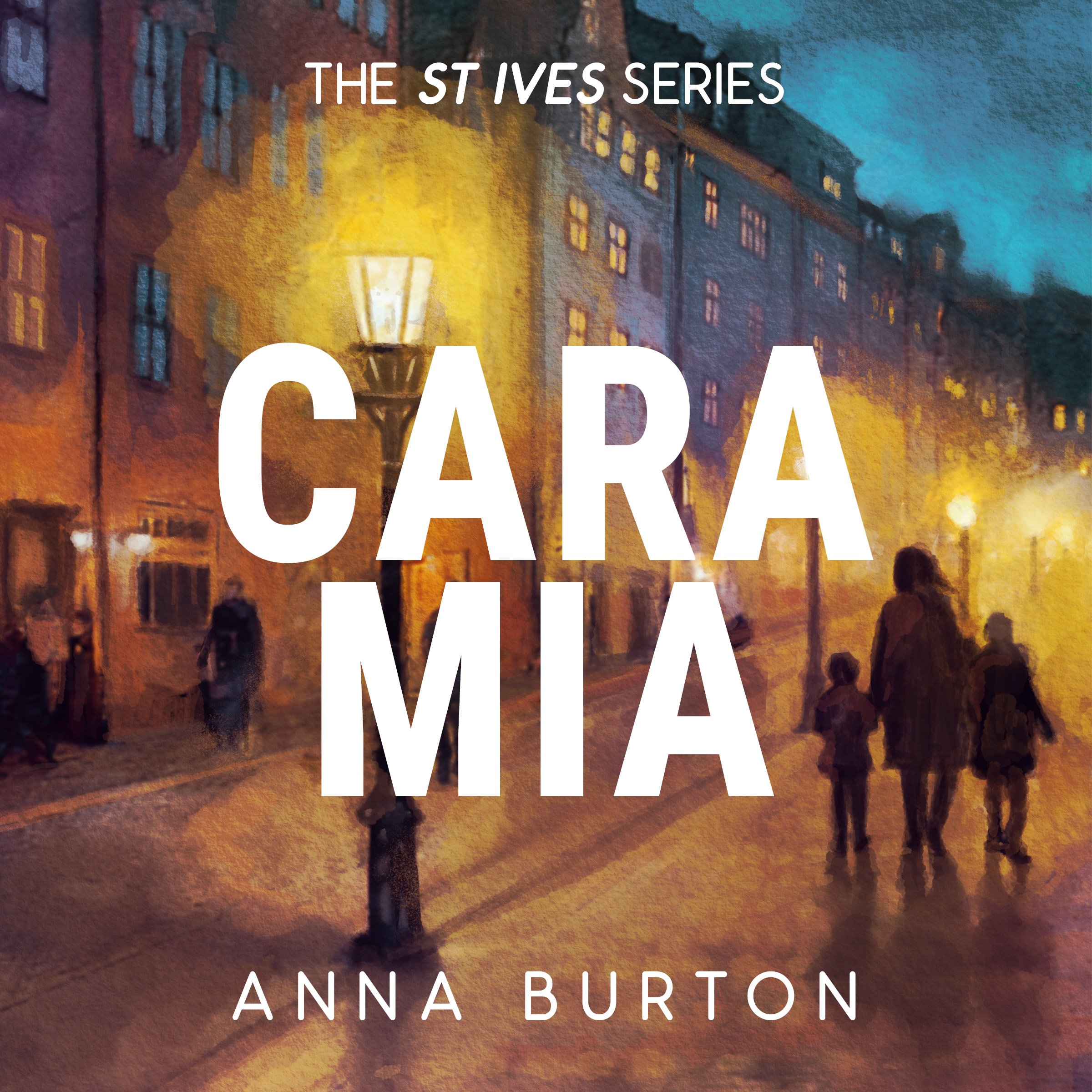 Audio book cover dark night with a woman walking with two kids under street lamps