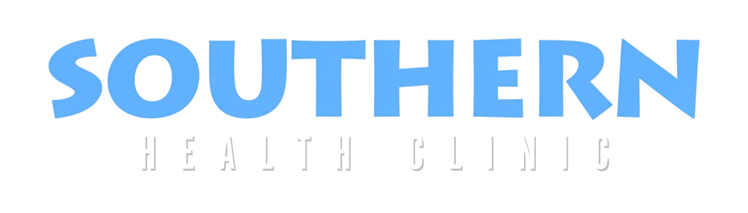 Southern Health Clinic logo with the word "Southern" in large blue letters and "Health Clinic" in smaller white letters below.