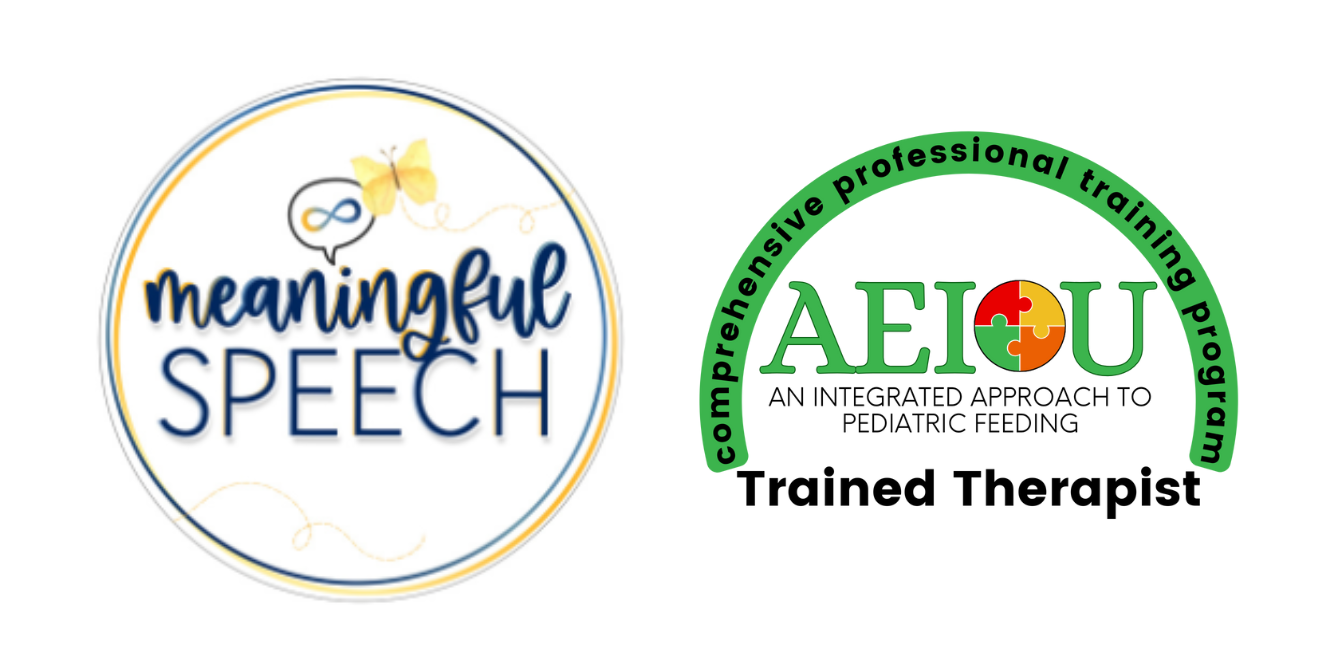Logos of 'Meaningful Speech' and 'AEIOU' with a green arch and the words 'comprehensive professional training program' and 'Trained Therapist'