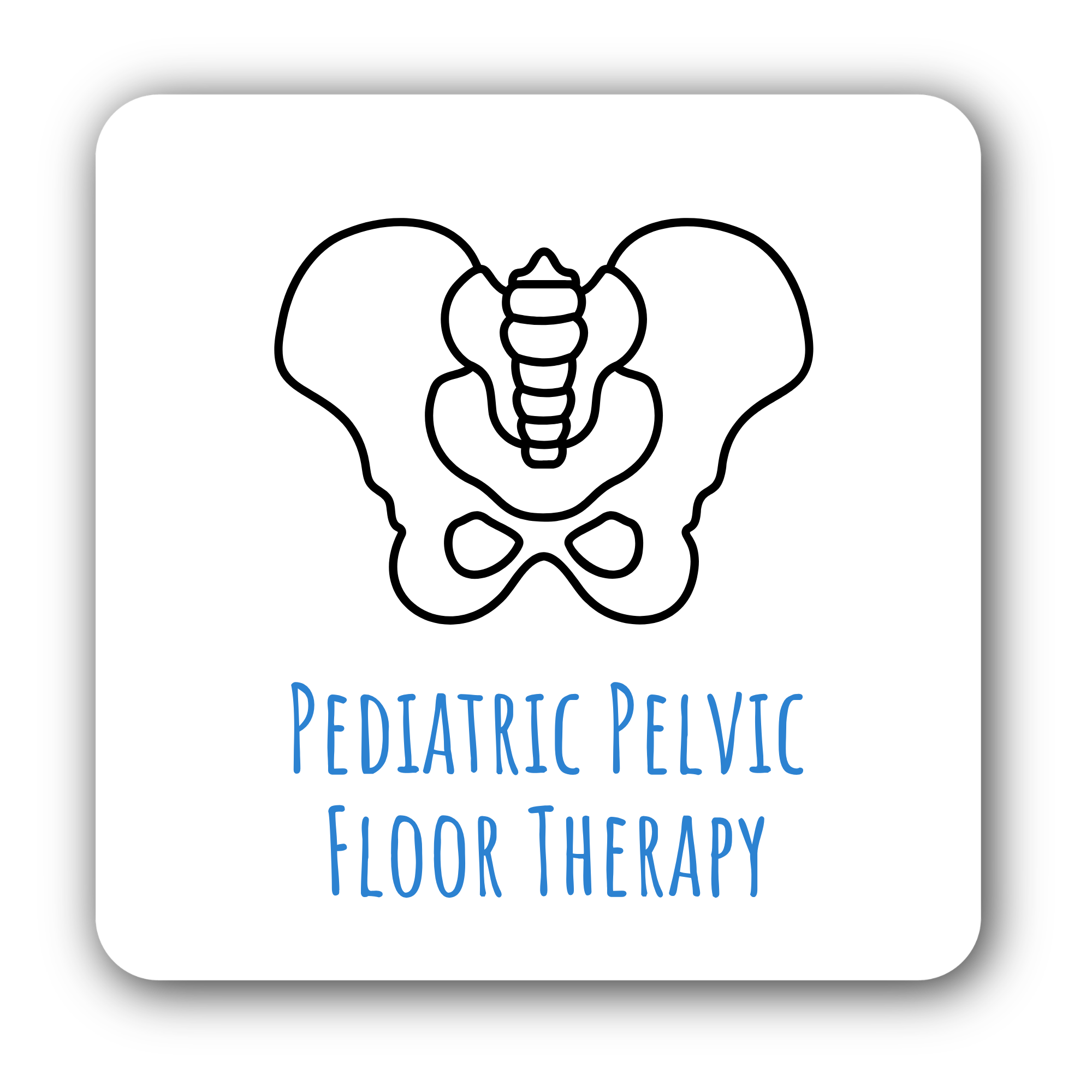 Poster for Pediatric Pelvic Floor Therapy with a digital line drawing of a pelvis and spinal column