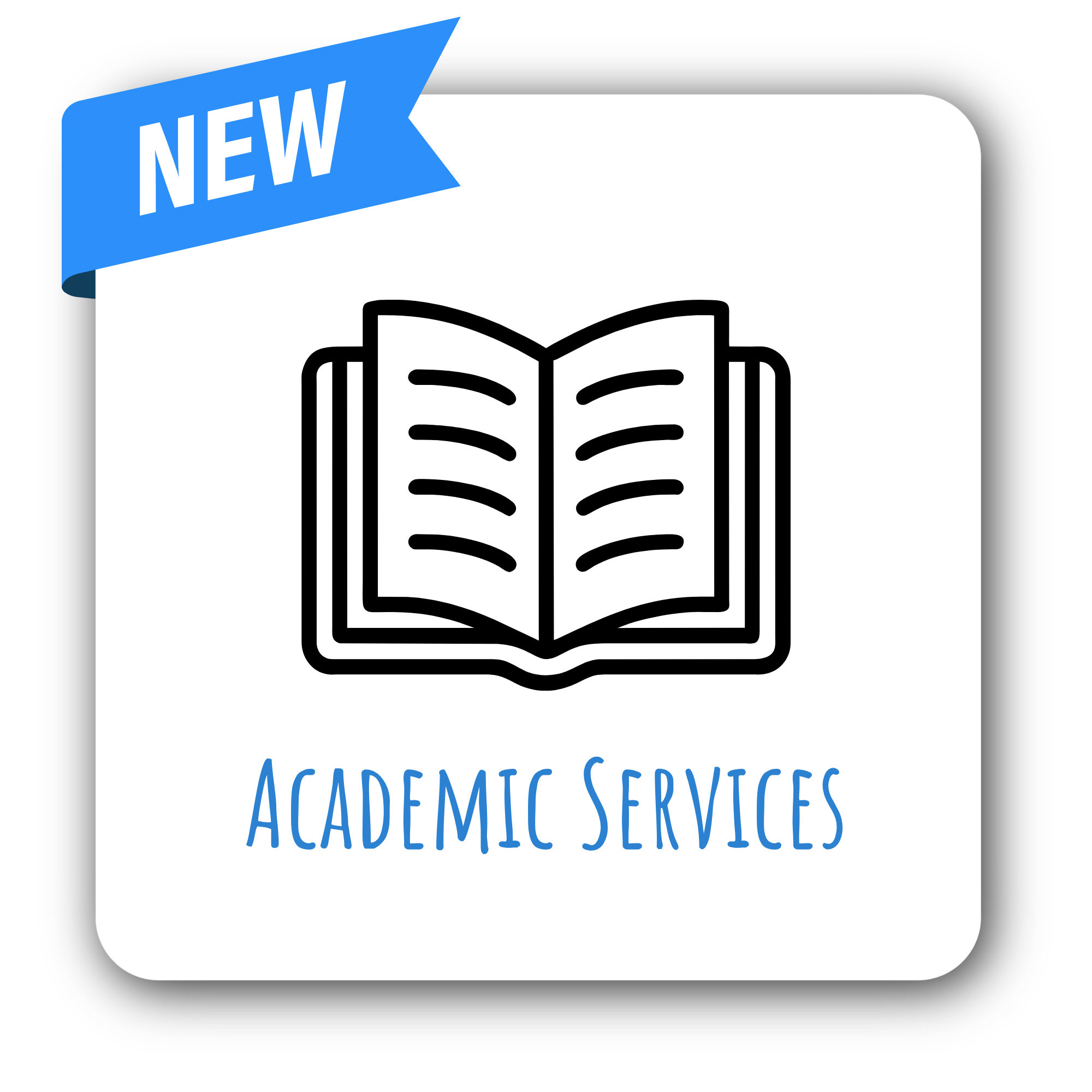 Logo of Academic Services with a blue ribbon labeled "New" and an outline of an open book.
