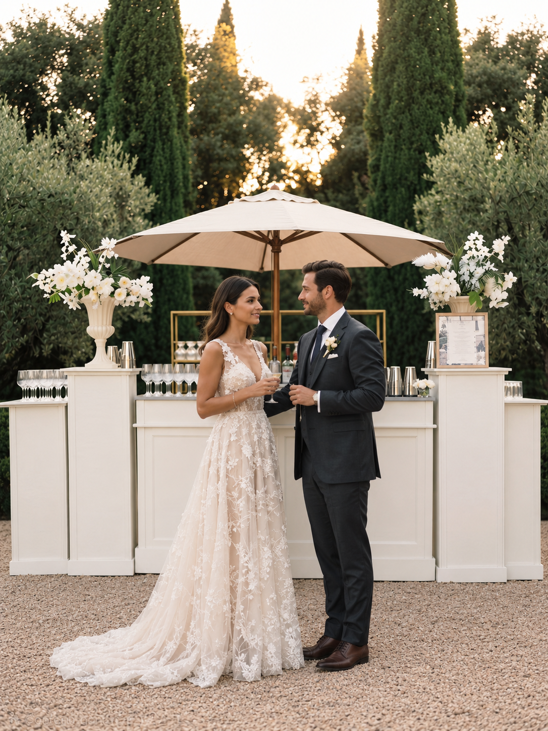 Un couple en habits de mariage, échangeant un regard, devant un bar en plein air avec un parasol, dans un jardin élégant, au coucher du soleil.