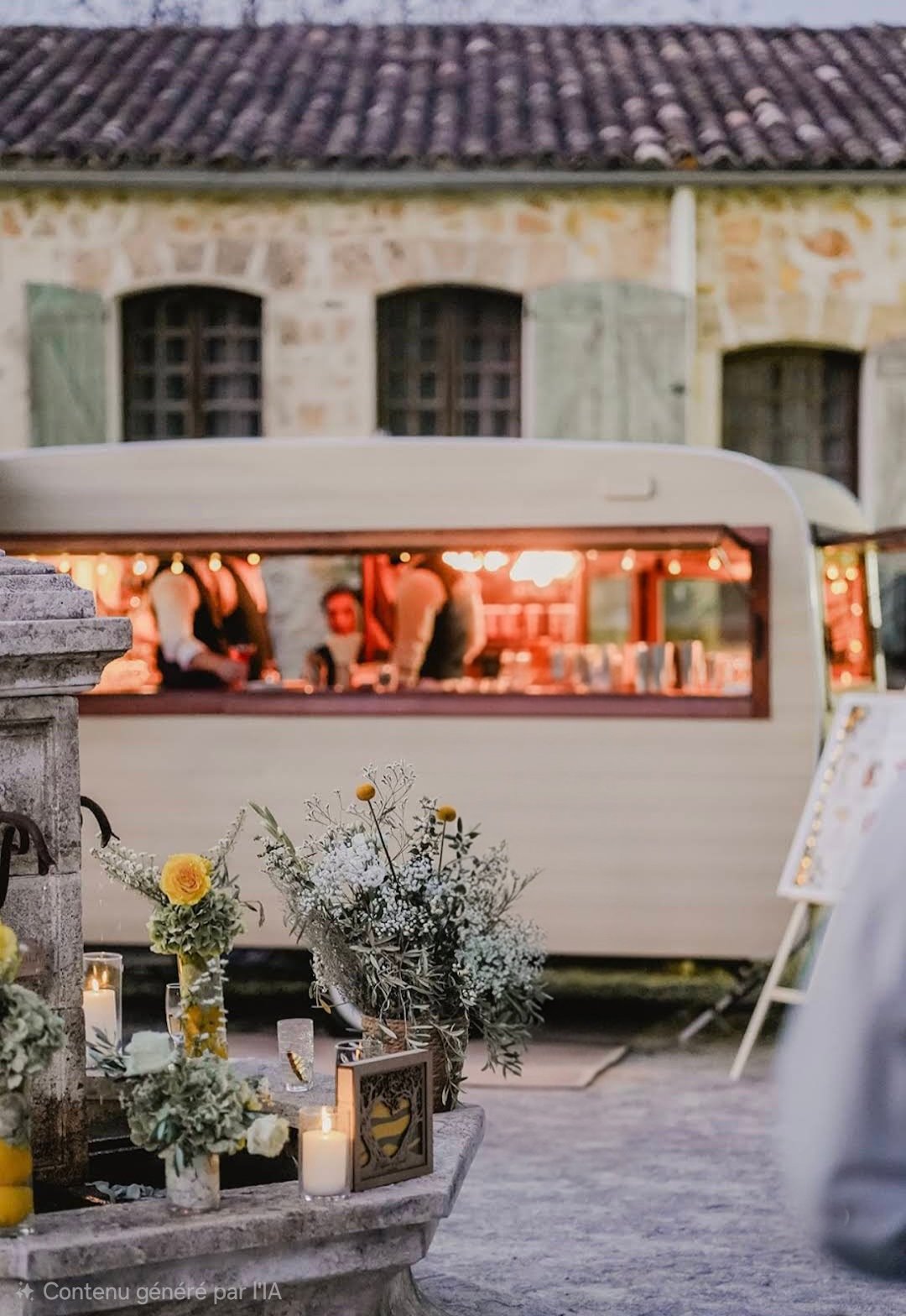 Véhicule vintage blanc transformé en bar ou stand de nourriture, situé devant une maison ancienne en pierre avec fenêtres à volets verts. Devant, une décoration florale avec des bougies allumées, comprenant des fleurs blanches et jaunes, est visible.