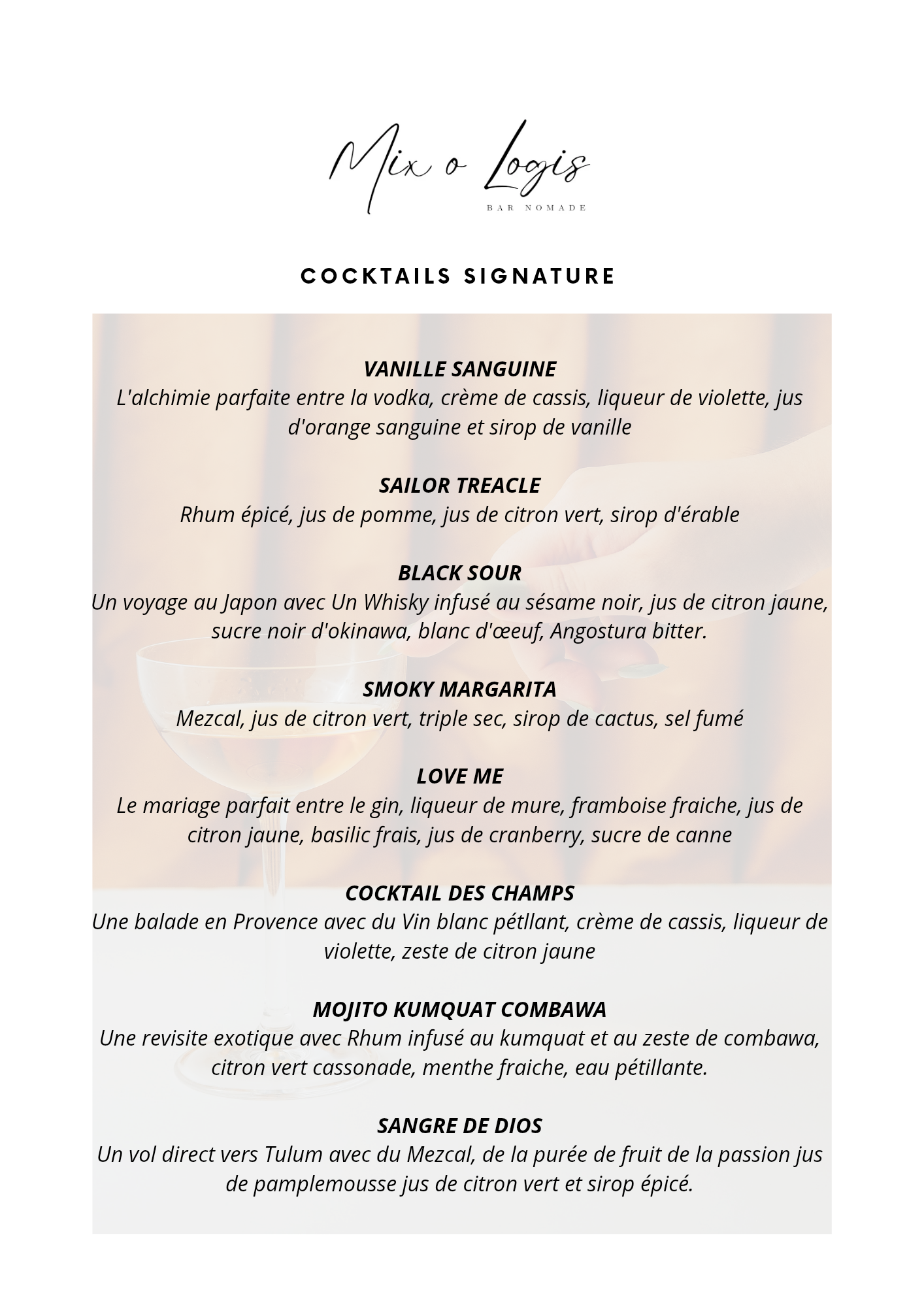 Menu de cocktails avec différentes recettes.