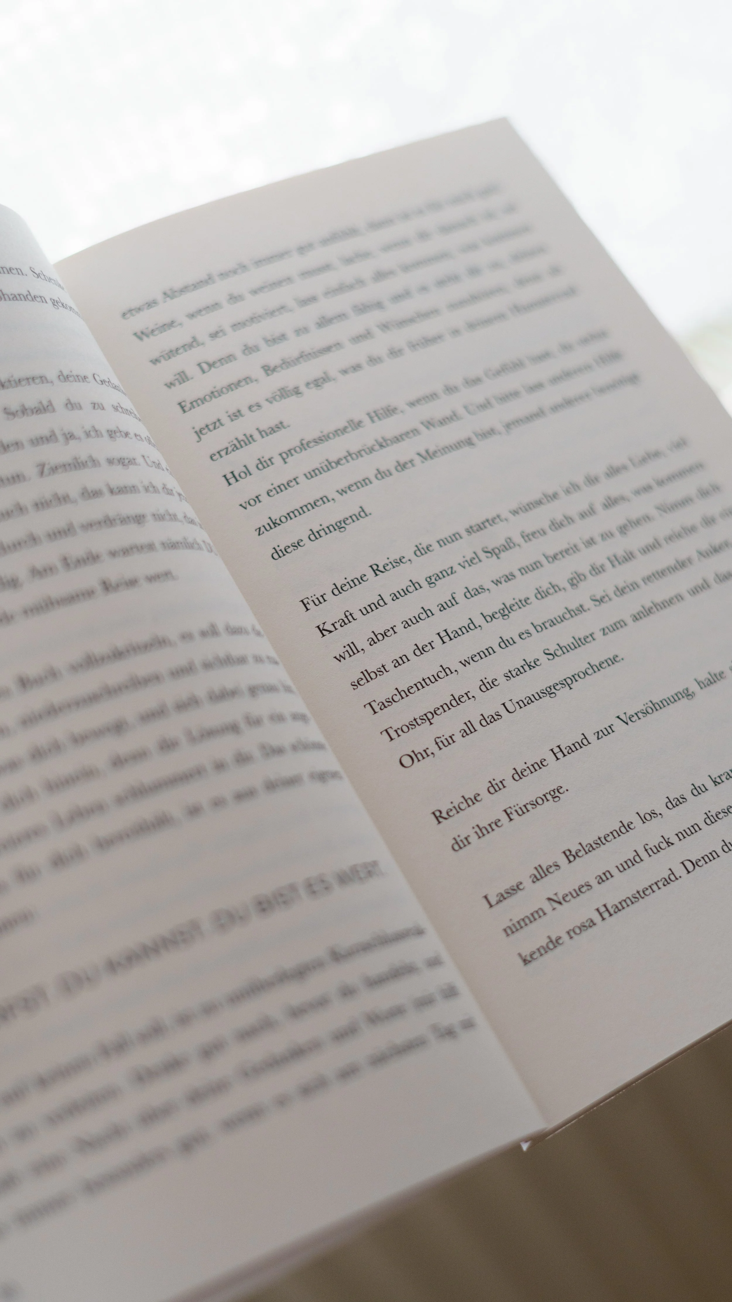 Gedrucktes Buch in deutscher Sprache, Foto aufgenommen im Nahbereich, leicht schräg, unscharf im Hintergrund.