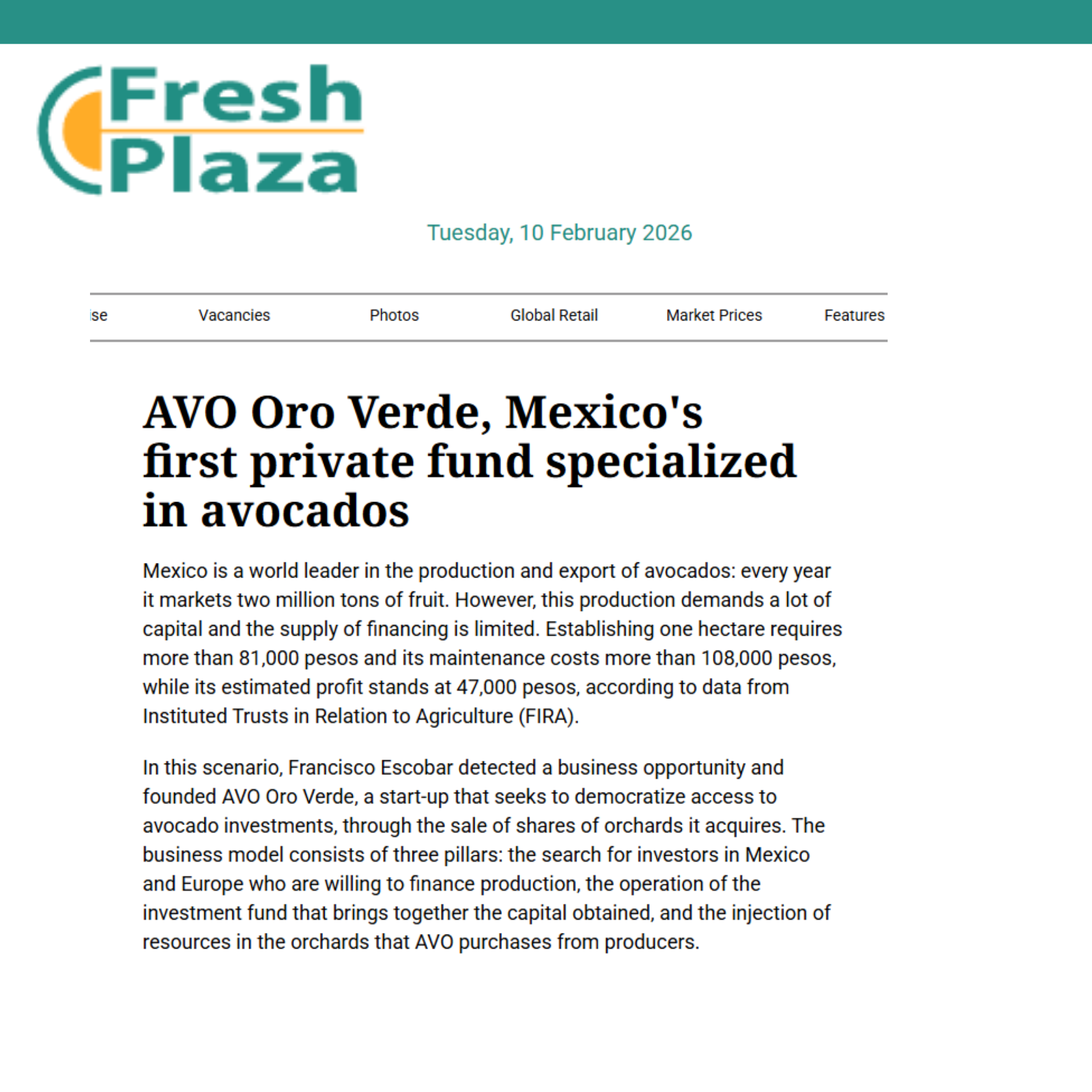 Fresh Plaza article on AVO Oro Verde, Mexico's private fund for avocado investments, published on February 10, 2026.