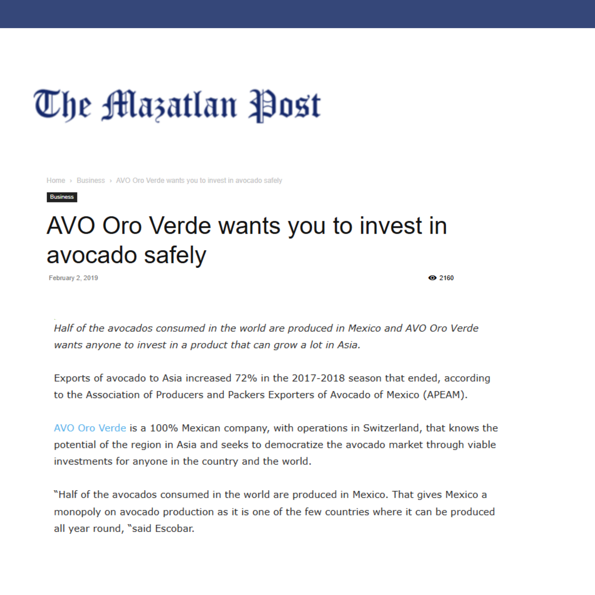 The Mazatlan Post article titled ‘AVO Oro Verde wants you to invest in avocado safely,’ February 2, 2019, covering Mexico’s avocado production and growth in Asian markets.