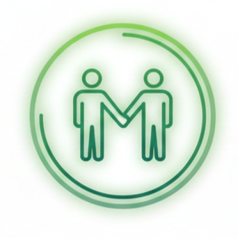 A minimalist green icon of two people holding hands inside a circular outline.