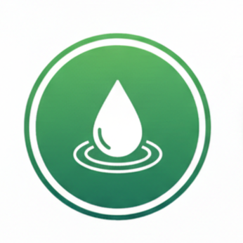 Green circular icon with a water droplet and ripples underneath.