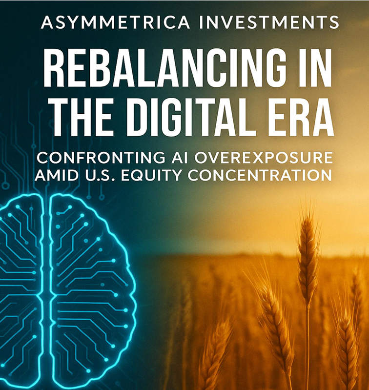 'Rebalancing in the Digital Era' by Asymmetrica Investments, discussing AI overexposure amid U.S. equity concentration, featuring a digital brain and wheat field.