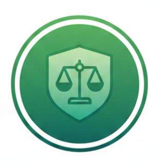 Green shield with a scale symbol inside, representing justice or law.
