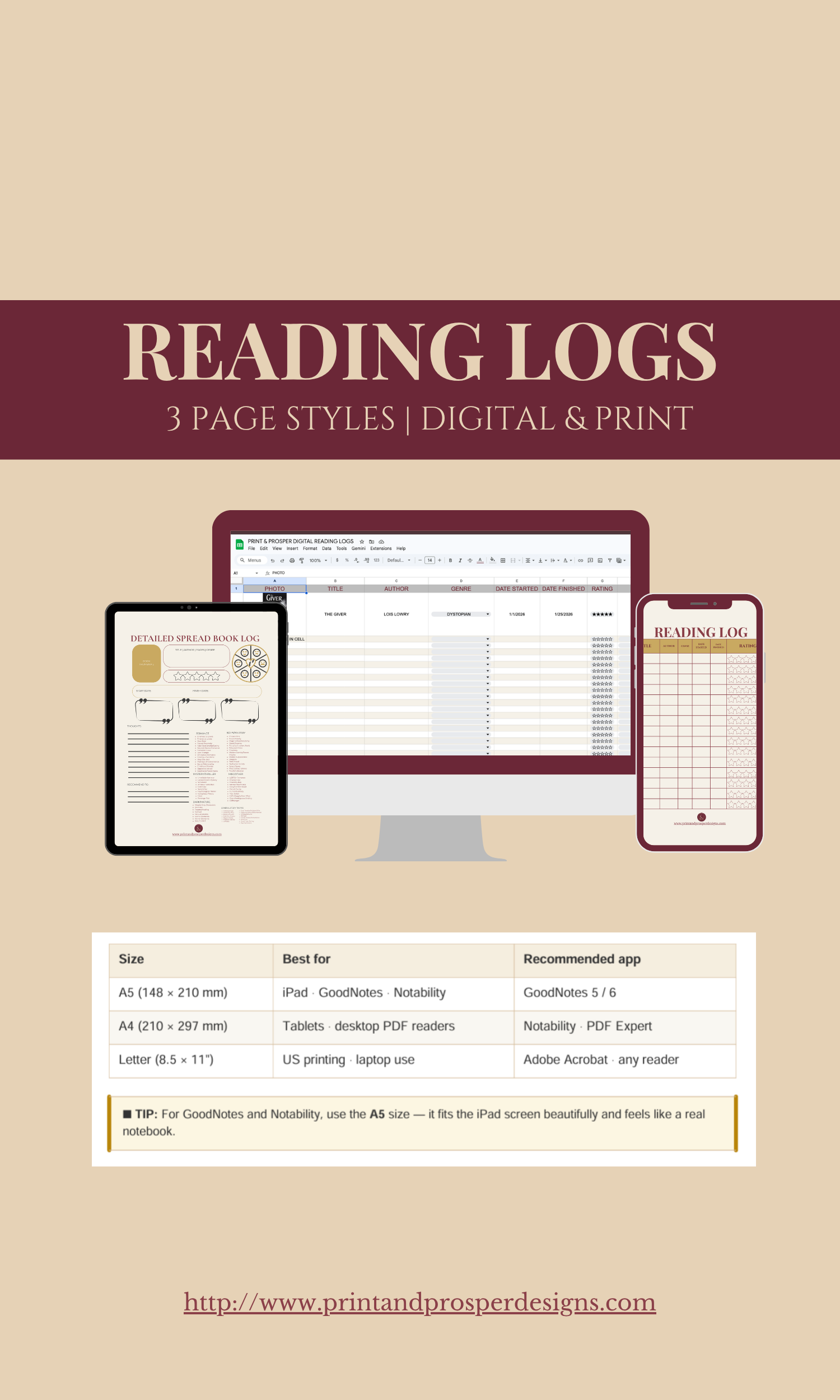 Printable Reading Log | Book Tracker, Journal Pages (Digital Download)