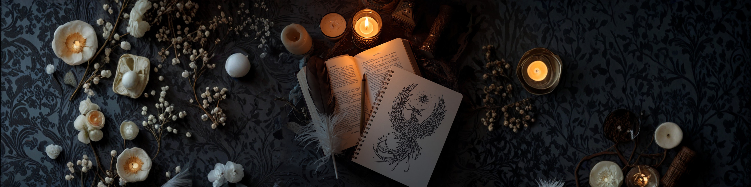 phoenix sketch by a book in candlelight with a feather