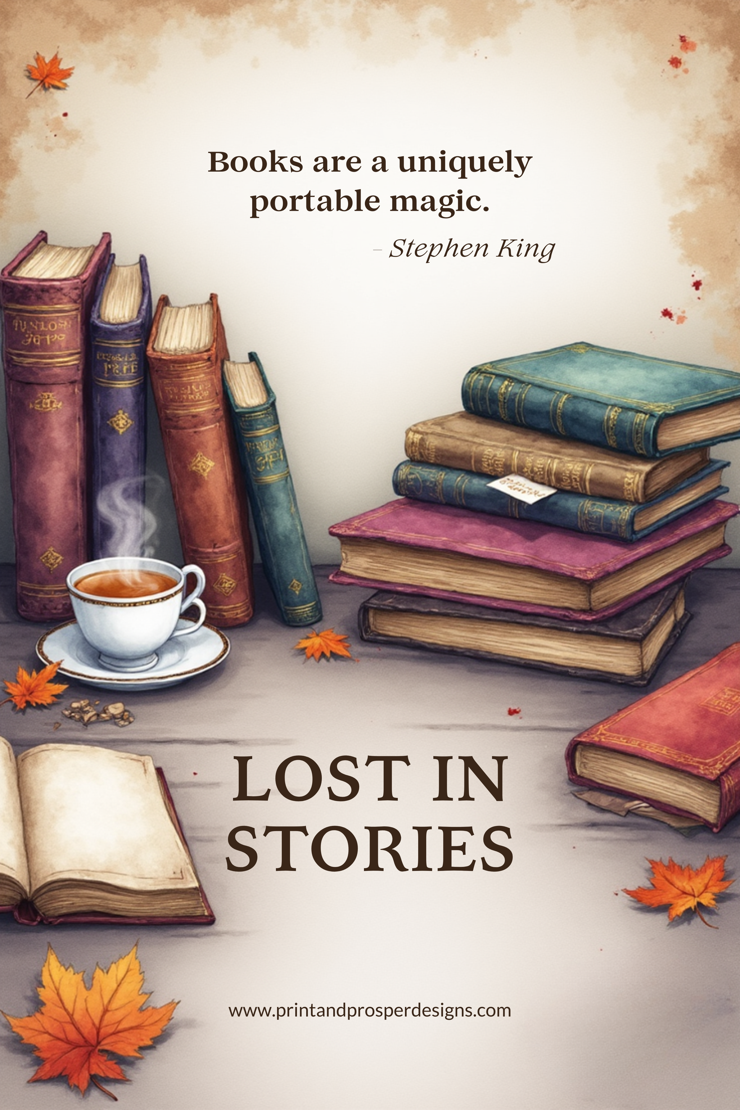 a stack. of books and a coffee cup that says books are a uniquely portable magic