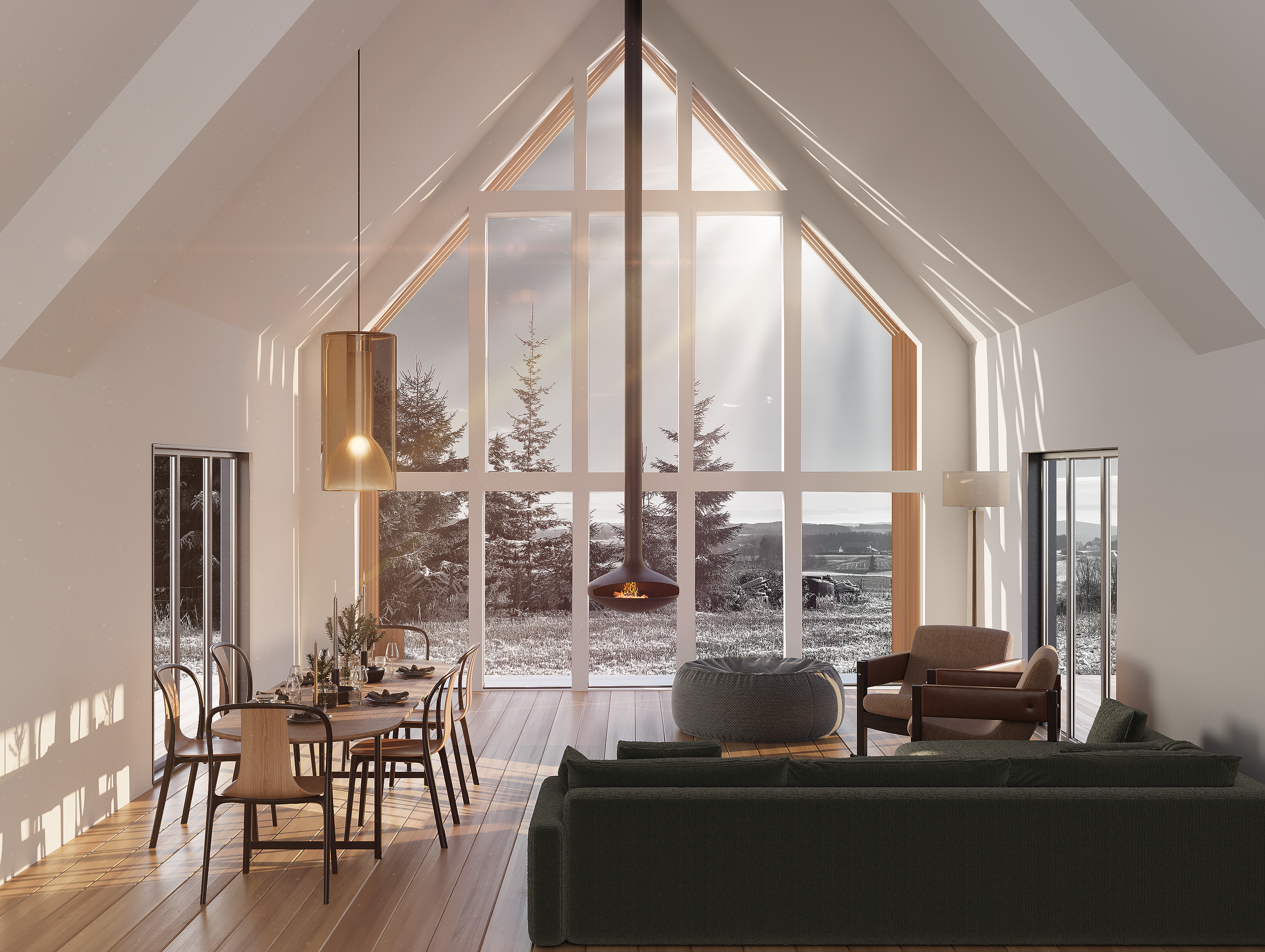 Nordic Holiday Let is inspired by Scandinavian principles of simplicity, comfort and a deep appreciation for natural light. The interior centres around a dramatic double-height living space, where generous glazing frames panoramic views and transform