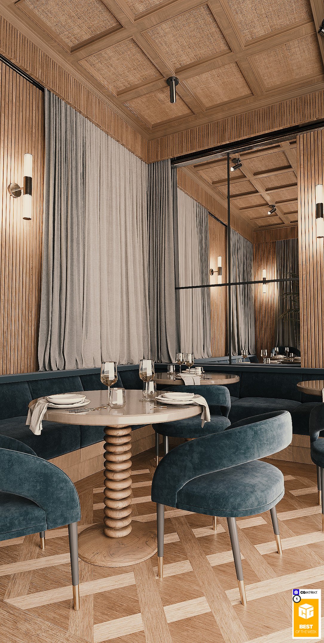 Designed as an intimate dining destination, The Atelier explores the balance between warmth, craftsmanship and contemporary luxury. Vertical oak panelling, woven ceiling coffers and sculptural timber furniture create a rich material palette that cele