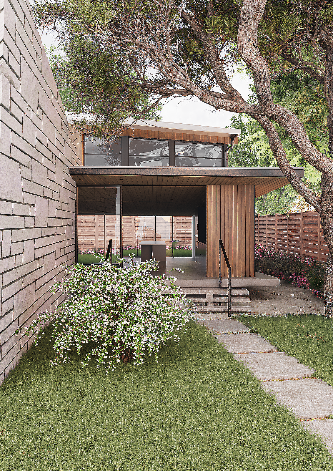 Under the Canopy is a contemporary residential extension designed around the relationship between shelter, landscape and everyday living. Positioned beneath the branches of a mature tree, the architecture feels carefully inserted into the garden rath
