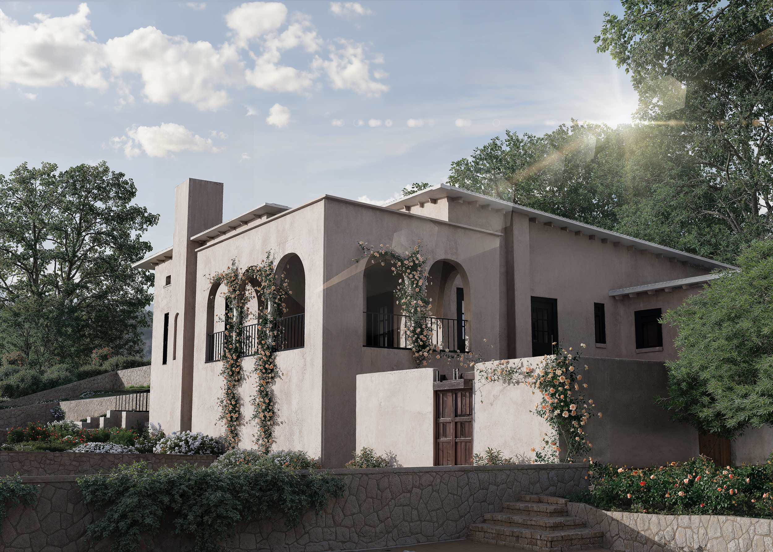 Casa Serein is a residential exterior study shaped by warmth, enclosure and a strong relationship with the surrounding landscape. The architecture draws upon Mediterranean and vernacular influences through its soft rendered walls, deep-set openings a