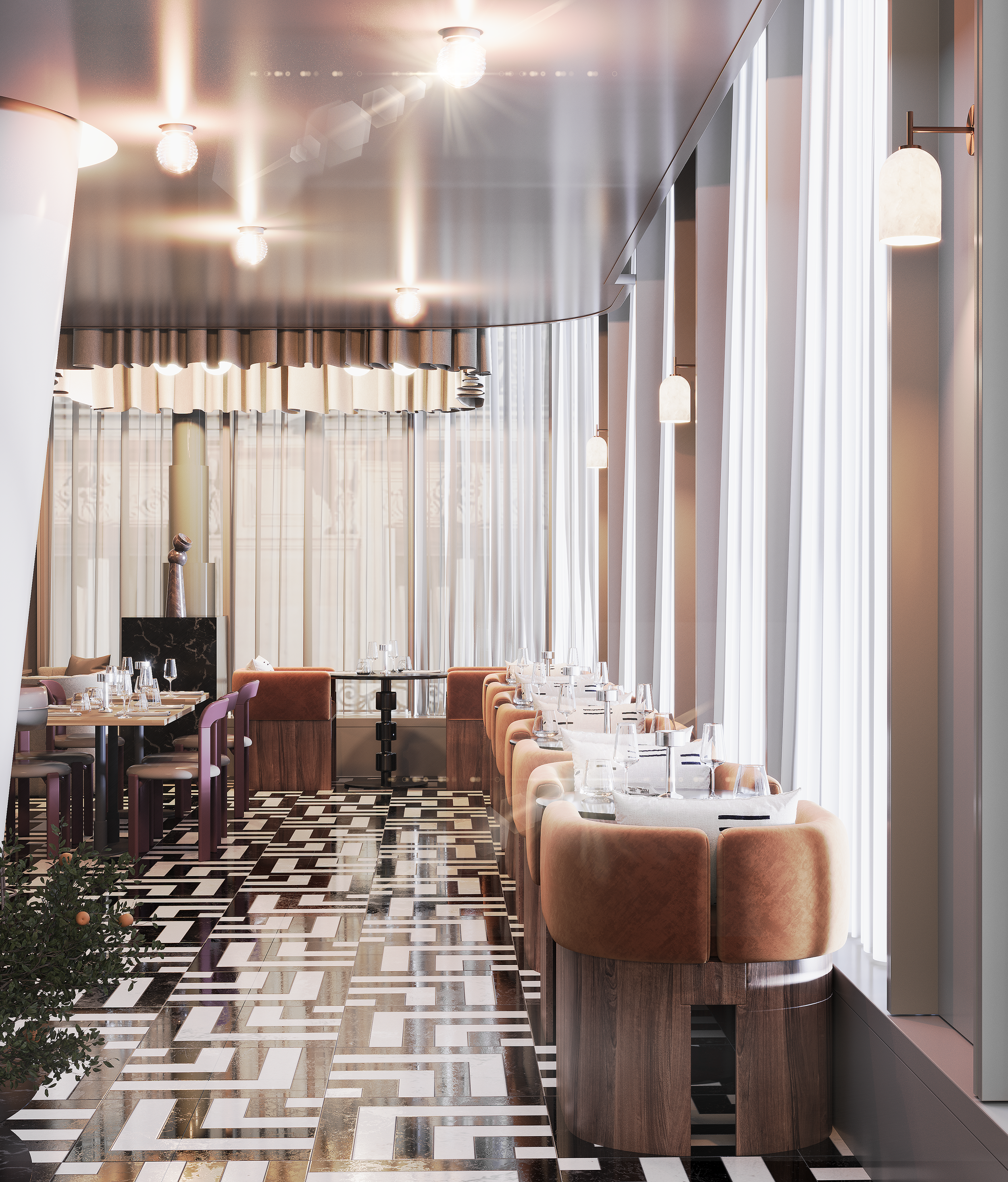 Cadence is centred around rhythm, repetition and refined simplicity. A bold geometric stone floor establishes movement through the space, complemented by clean architectural lines and carefully proportioned seating arrangements that encourage both pr