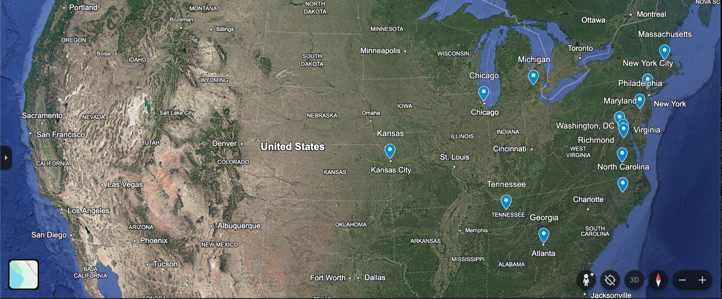 Map of the United States with blue markers indicating various cities, including Kansas City, Chicago, New York City, Baltimore, Washington D.C., North Carolina, Atlanta, and others.