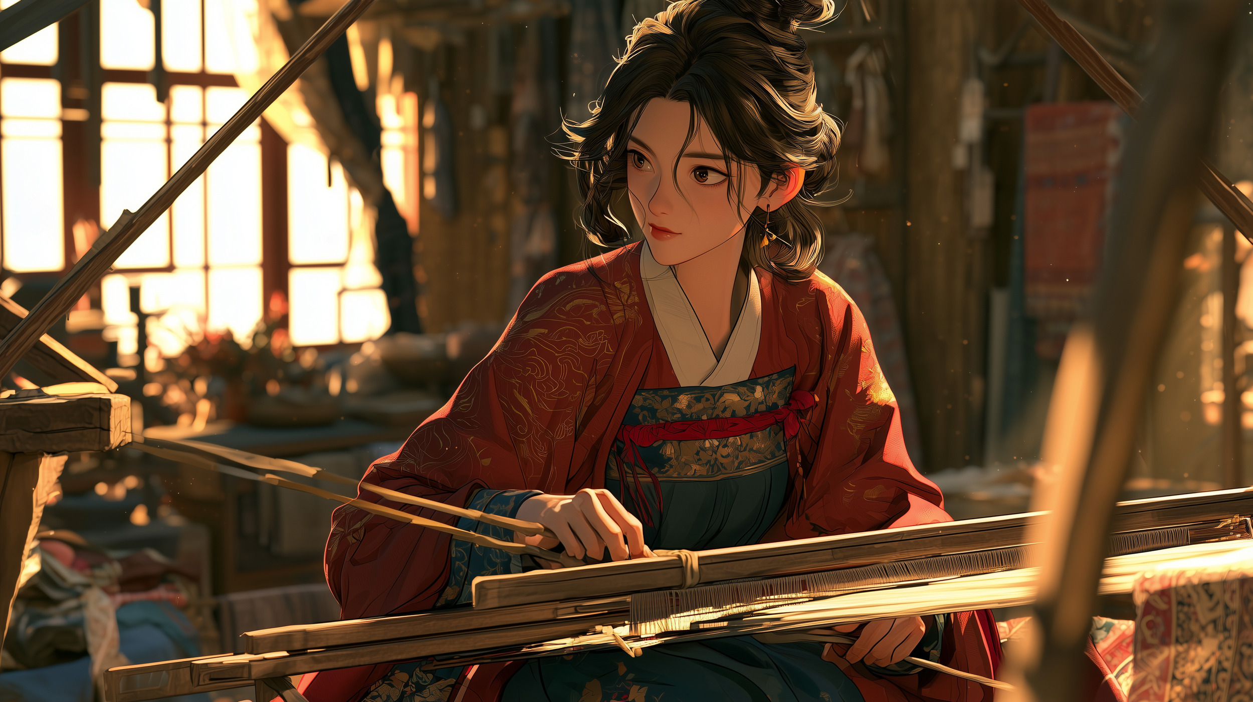 Asian woman dressed in traditional Chinese clothing is weaving on a loom.