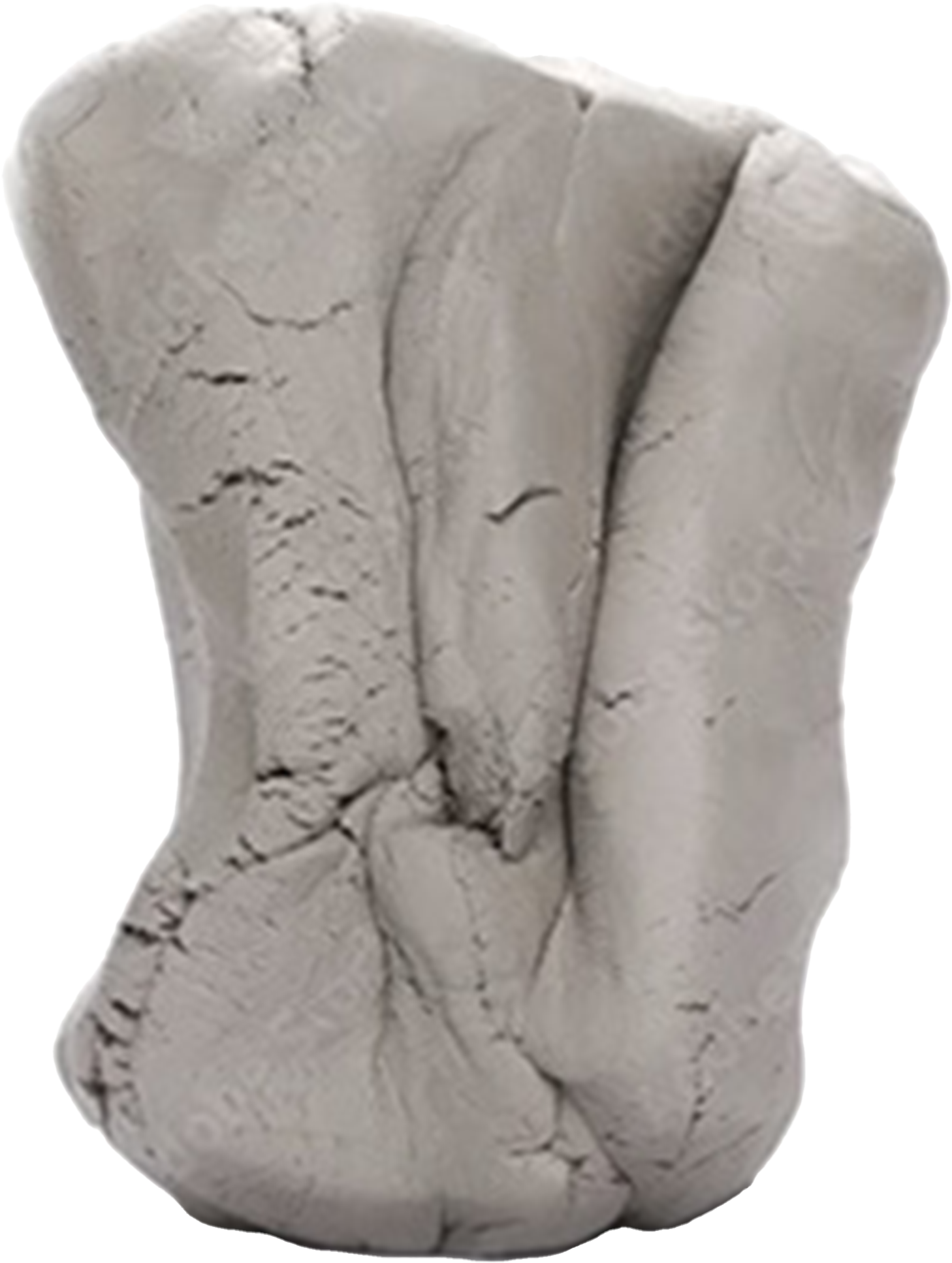 A close-up image of a cracked, white, ceramic or stone sculpture resembling a clenched fist.