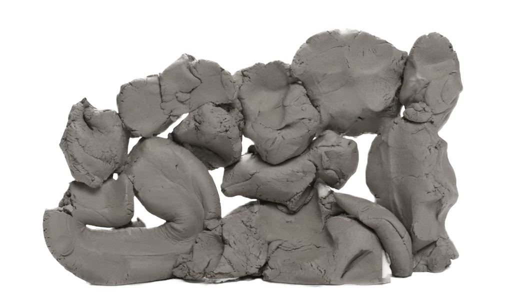 A sculpture made of clay or similar material with irregular, rough textures and various rounded shapes.