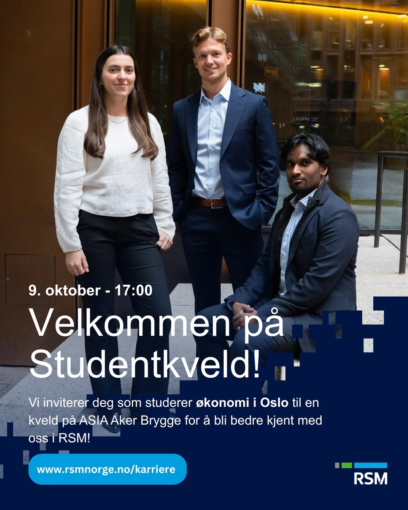 Meld deg på Studentkveld med RSM Norge på ASIA Aker Brygge 9. oktober! 💙 Dørene åpner 17, og vi er i gang 17:30. 
Meld deg på via link i bio eller 
rsmnorge.no/karriere - student.