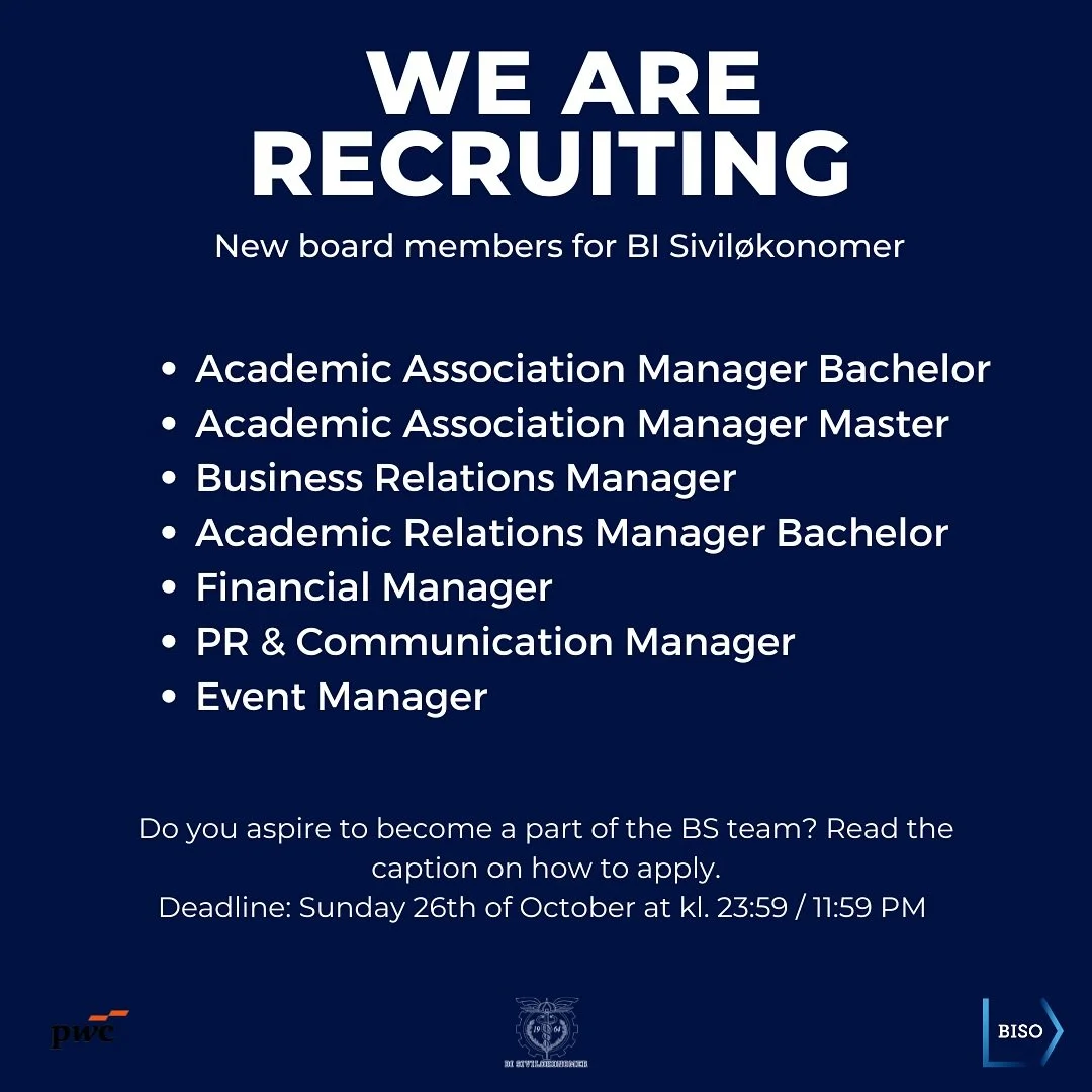 Vi ser etter de genuine og engasjerte Siviløkonom studentene med en drive og vilje for å gjennomføre noe kult! Er dette deg? Søk!
Send et kort motivasjonsbrev og eventuell CV til hr.markus.oslo@biso.no. Bruk «S&oslas