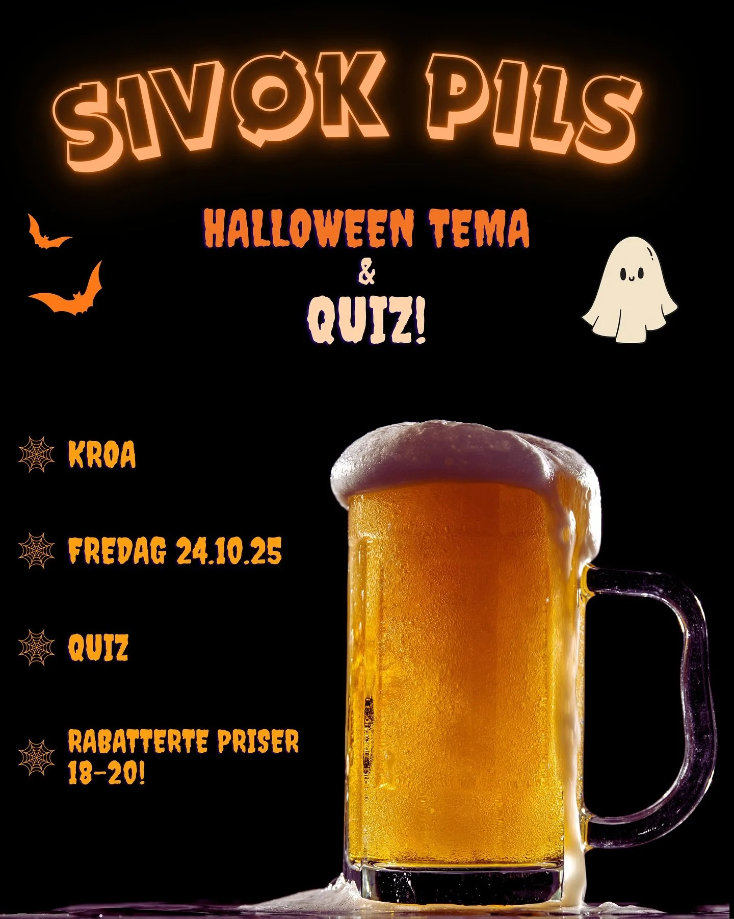 Ny m&aring;ned, ny Siv&oslash;k pils!💙🎃

Denne gang blir det ikke siste fredag i m&aring;neden, men 24. oktober. Ettersom &aring;rets skumleste helg n&aelig;rmer seg kj&oslash;rer vi Halloween tema! Quizen vil selvf&oslash;lgelig ha dette som tema 